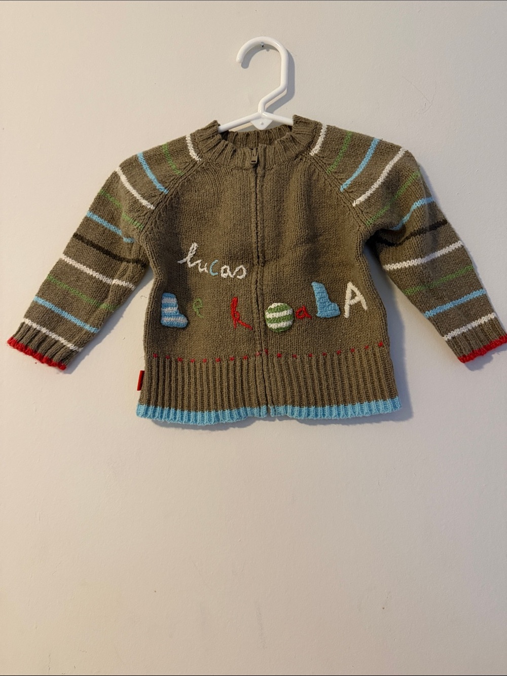 Catimini Olive Green Zip Knit Sweater with Multicolor Stripes